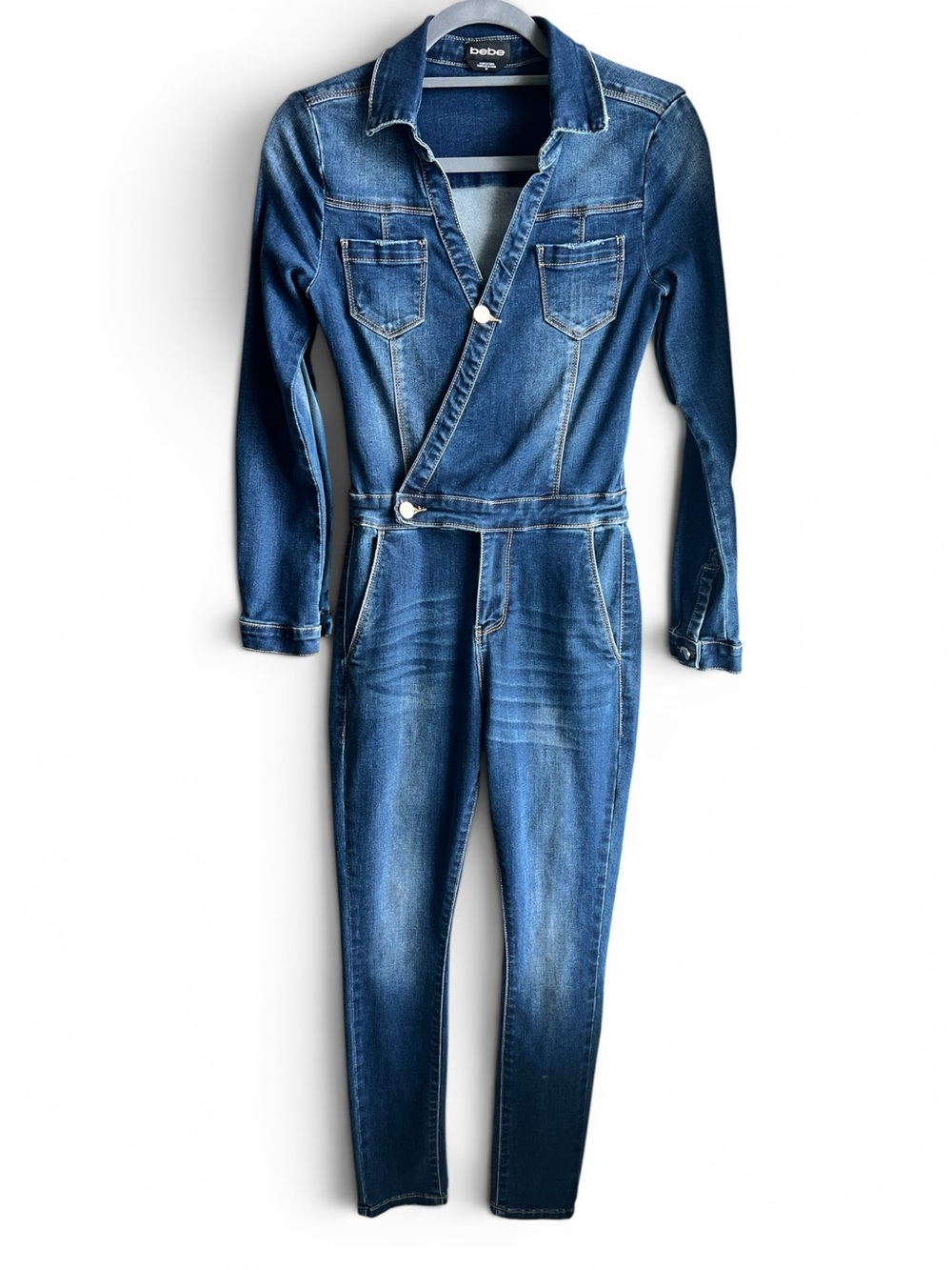bebe Stretch-Denim V-Neck Jumpsuit, Size 26 (Approx. Size 2 - 4)